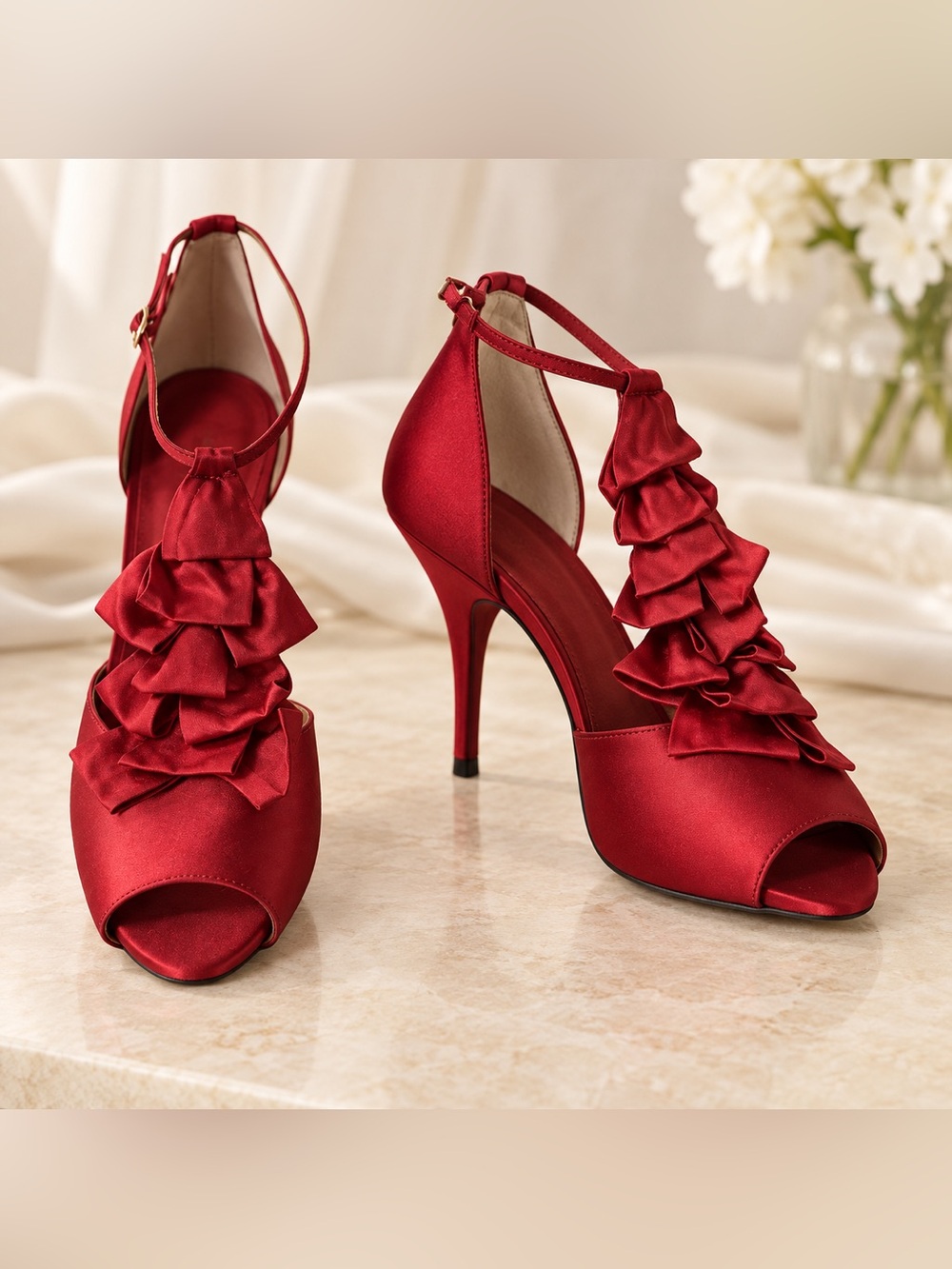Audrey Brooke Red Satin Ruffle Peep Toe Heels Size 8.5